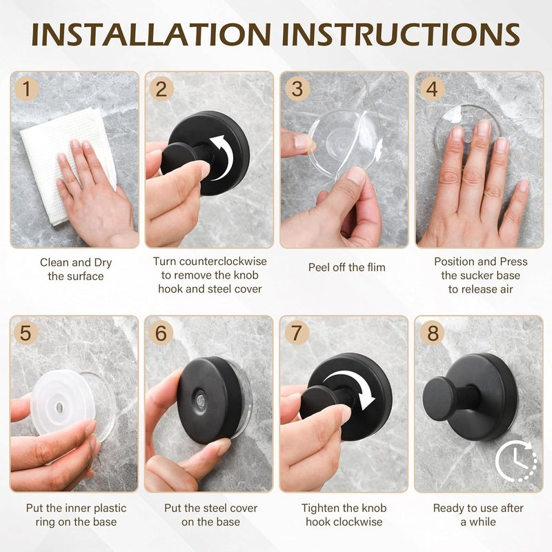 Ninth Five Shower Suction Cup Hooks, Heavy Duty Bathroom Wall Hooks for Towels, Robes, Loofahs, Removable Metal Hook for Tile Glass Mirror, No Drill(4 Pack, Black) - Image 5